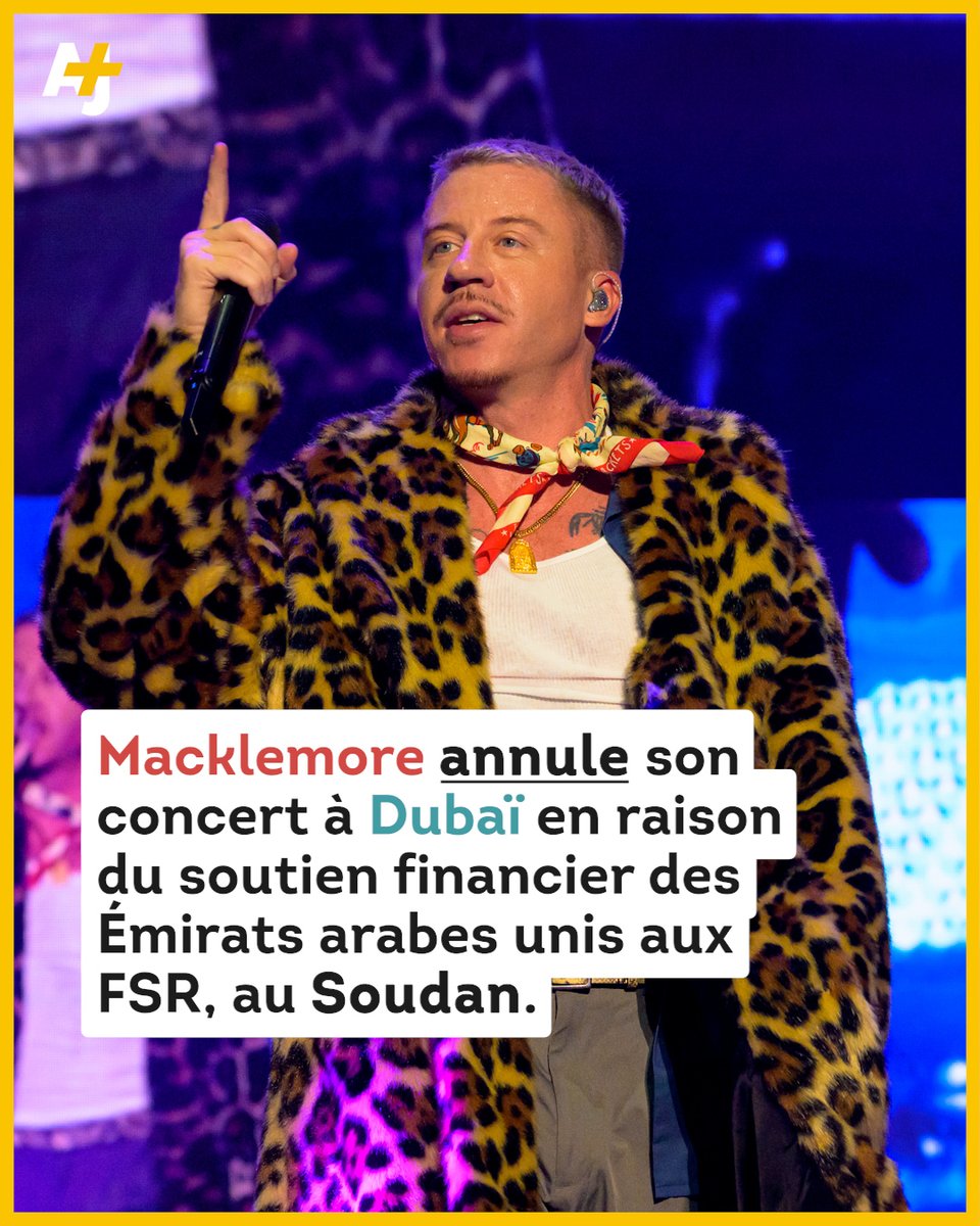 ajplusfrancais's tweet photo. Un artiste toujours aussi engagé. Dans un post Instagram, le rappeur américain Macklemore a annoncé annuler son concert prévu en octobre prochain à Dubaï, aux Émirats arabes unis, accusés de financer les Forces de soutien rapide (FSR) au Soudan. https://t.co/epYDqZDHMz