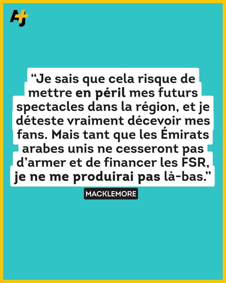 ajplusfrancais's tweet photo. Un artiste toujours aussi engagé. Dans un post Instagram, le rappeur américain Macklemore a annoncé annuler son concert prévu en octobre prochain à Dubaï, aux Émirats arabes unis, accusés de financer les Forces de soutien rapide (FSR) au Soudan. https://t.co/epYDqZDHMz
