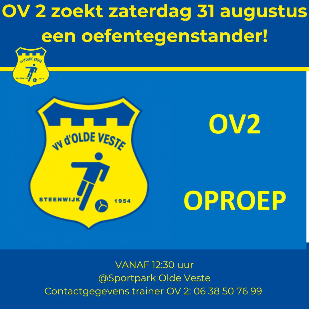 OV 2 zoekt met spoed een oefentegenstander voor a.s. zaterdag 31 augustus. Voor meer informatie zie de link. 👇👇 

oldeveste.com/ov2-zoekt-a-s-…