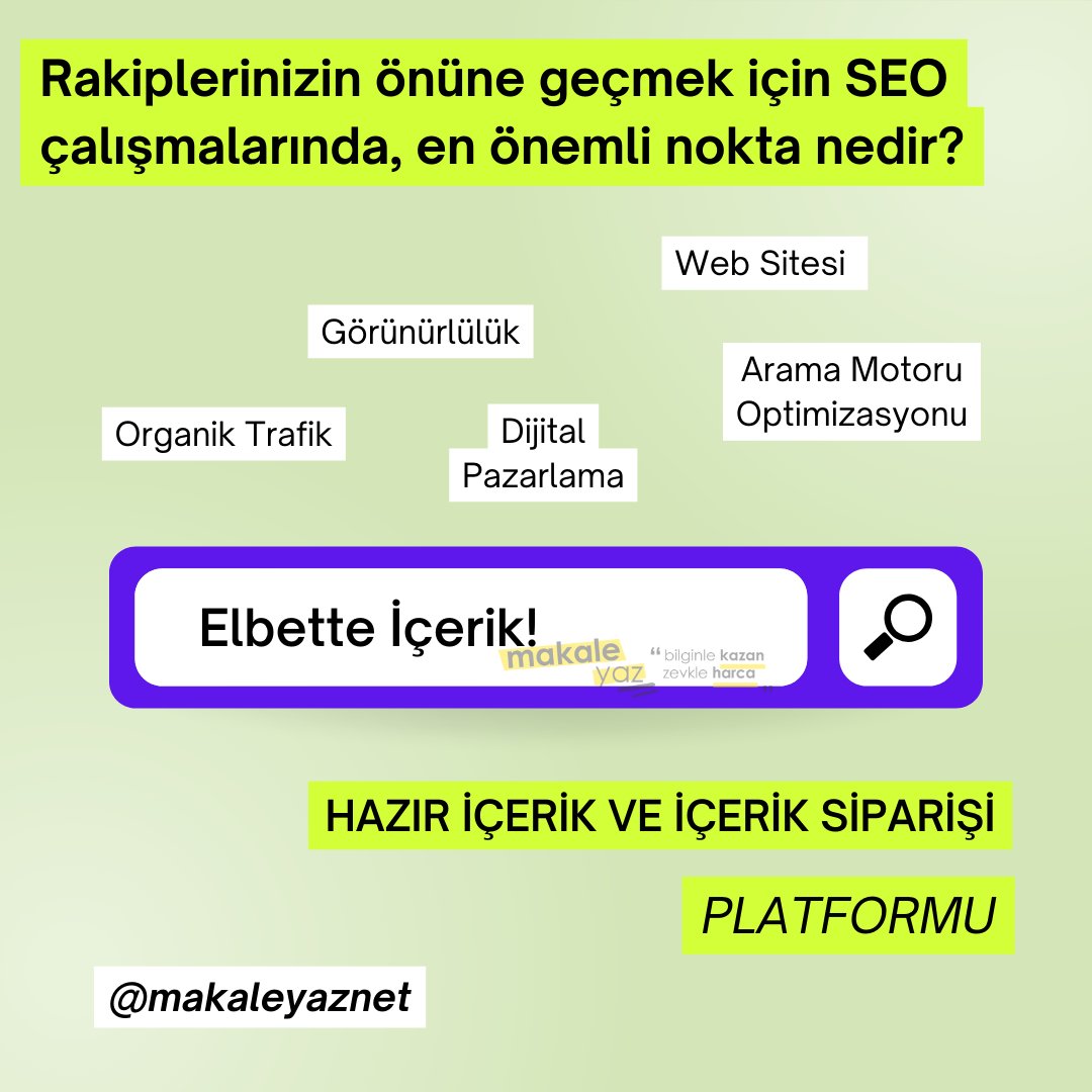 SEO çalışmalarınızda, en önemli noktayı atlamayın! Hatayı baştan yapmayın...
SEO uyumlu #içerik denince akla ilk gelen platform, tam 7 senedir!

#seo #seoiçerik #seomakale #seouyumlumakale #makaleyaznet #seoiçerik #seouyumluiçerik #hazırmakale #makalesiparişi #içeriksiparişi