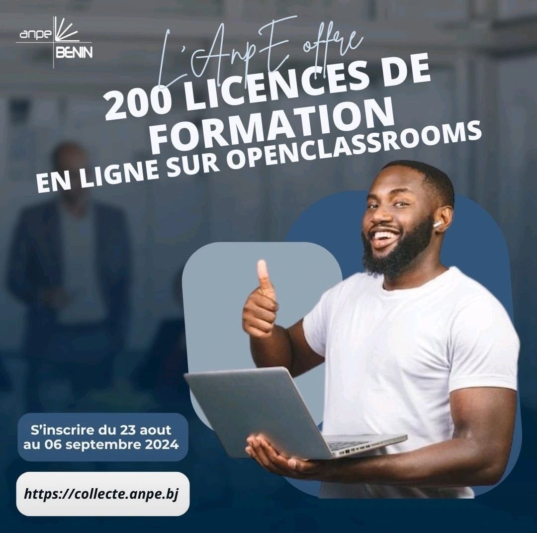 monsieurdekpe's tweet image. Si vous êtes demandeur d&apos;emploi, ce post est pour vous.
@BeninAnpe offre gracieusement 200 licences de formation en ligne sur OpenClassrooms dans divers domaines (inscription: collecte.anpe.bj) : Bureautique, Cybersécurité, Data, Design, Gestion des Projets, Insertion…
