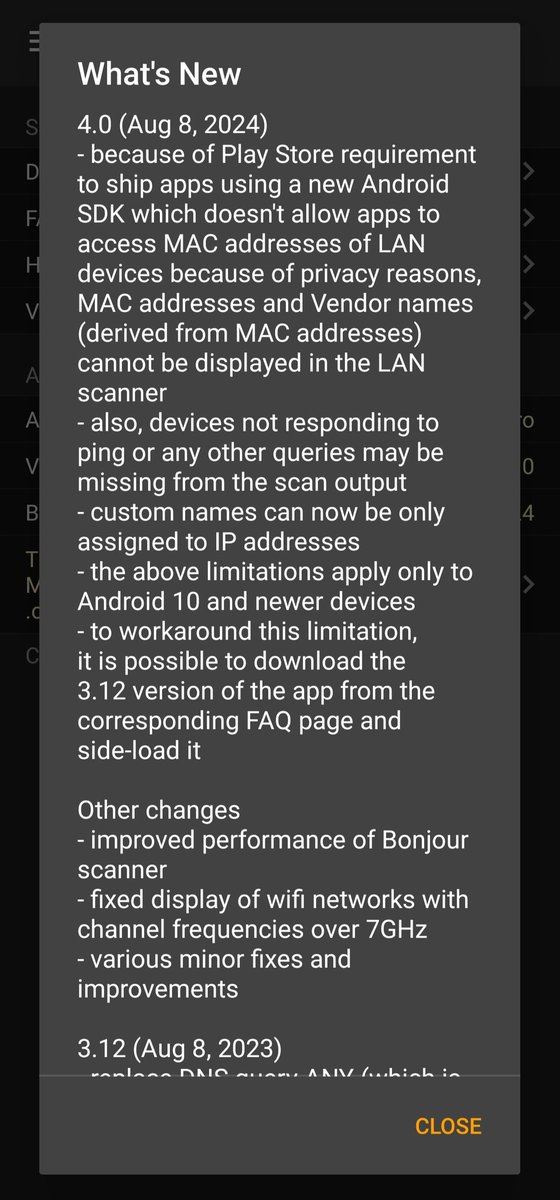 BlablaLinux's tweet image. #Network #Analyzer Pro - Super ❗ On passe des détections des noms de vendeurs et des adresses MAC, à plus rien 🤬
Allez, go pour la version précédente en APK 😤
Merci le #PlayStore #Android et ces restrictions 😮‍💨