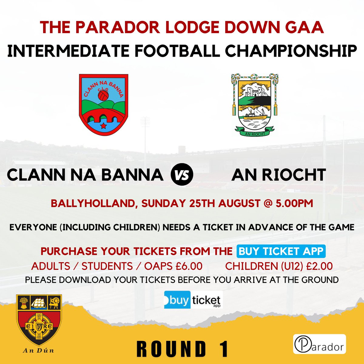Intermediate championship round 1 today, get along to Ballyholland for 5pm to show your support for our senior men. Best of luck to the players and management.