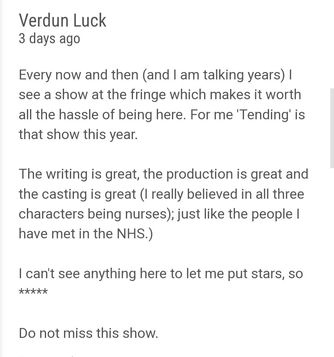It's our last #edfringe show today! 😢  

That means you still have one last chance to grab a ticket 
underbellyedinburgh.co.uk/event/tending

14:15 at Underbelly Cowgate 🐮💙