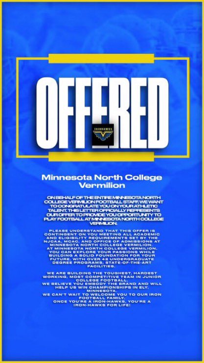 Blessed to receive a offer from Minnesota north college vermilion <a href="/johnson_three/">Tyree Johnson</a> <a href="/coachbusby22/">Coach Busby</a> <a href="/eustis_football/">Eustis Football</a>