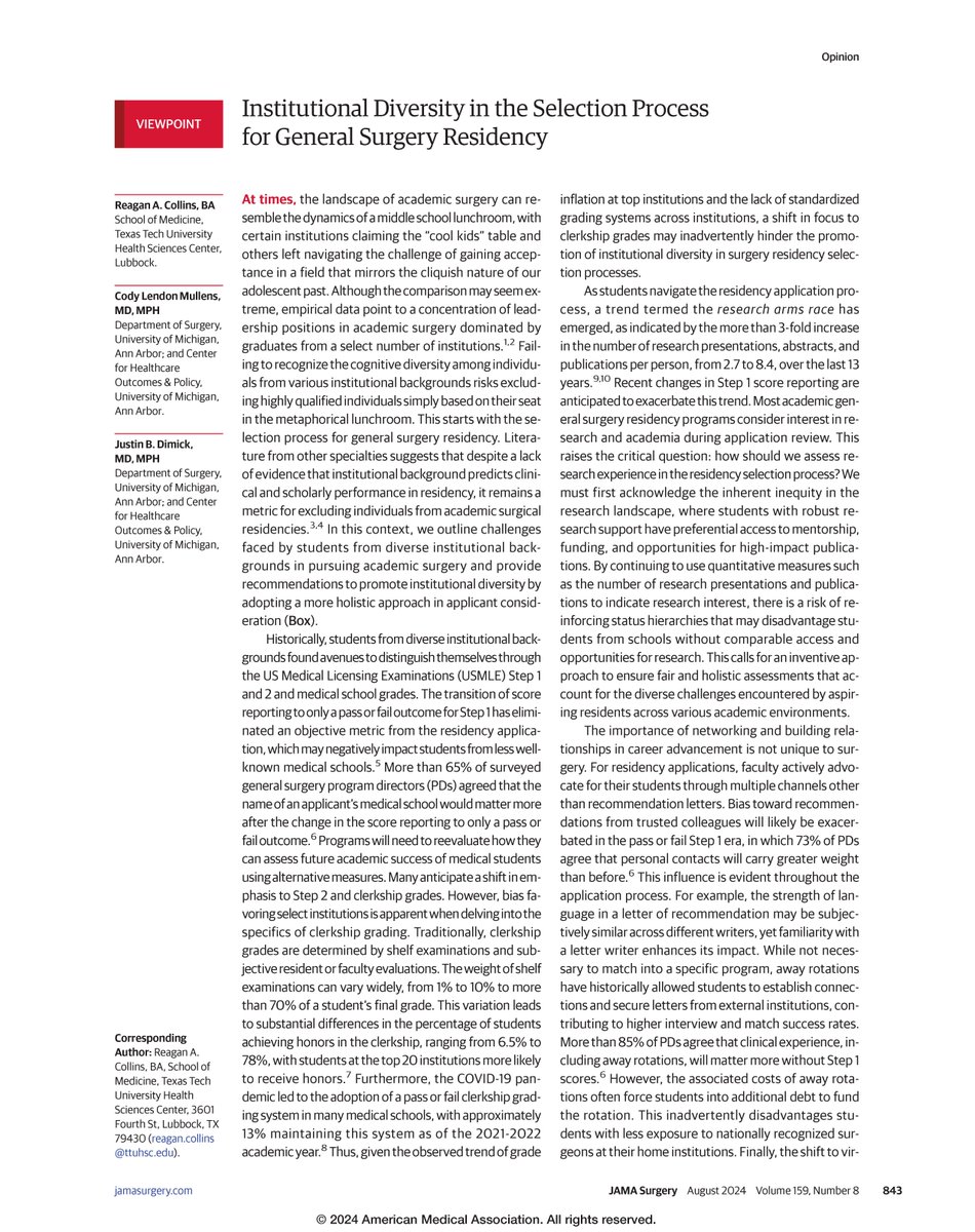 JAMA Surgery (@jamasurgery) on Twitter photo This Viewpoint explores the challenges faced by aspiring surgeons from diverse institutional backgrounds and offers actionable steps towards inclusivity in residency selection. ja.ma/4cydZW2 <a href="/ReaganACollins/">Reagan Collins</a> <a href="/Cody_Mullens/">Cody Lendon Mullens</a> <a href="/jdimick1/">Justin B. Dimick</a> This Viewpoint explores the challenges faced by aspiring surgeons from diverse institutional backgrounds and offers actionable steps towards inclusivity in residency selection. ja.ma/4cydZW2 <a href="/ReaganACollins/">Reagan Collins</a> <a href="/Cody_Mullens/">Cody Lendon Mullens</a> <a href="/jdimick1/">Justin B. Dimick</a>
