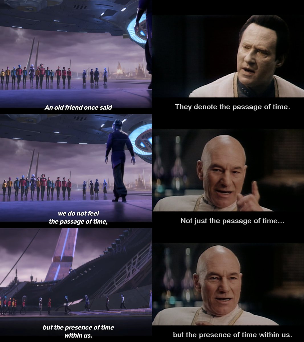 #ProdigySpoilers
One of my favourite callbacks in #StarTrekProdigy season 2 ("Ouroboros II"⬅️) is Janeway quoting Picard's line about the passage and presence of time from a deleted scene in "Star Trek: Nemesis"➡️ and calling him an old friend of hers. Such a deep, wonderful cut!