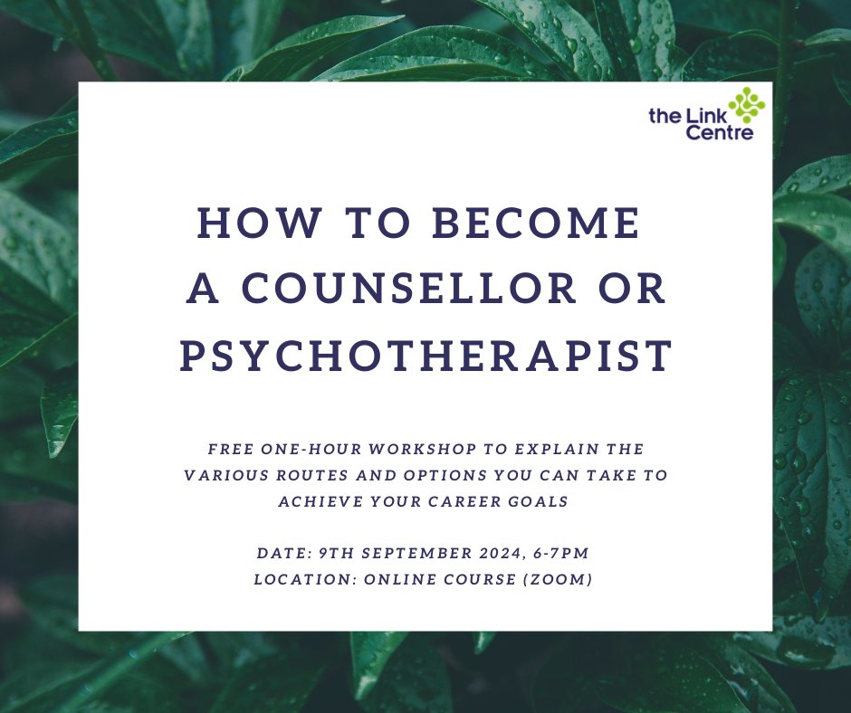 TheLinkCentreUK's tweet image. Have you considered studying Counselling and/or Psychotherapy, but not sure where to start?

At The Link Centre we are offering a FREE workshop to help explain the different routes you can take.

9th September 2024, 6-7pm

Sign up: bit.ly/3Cmp1y0