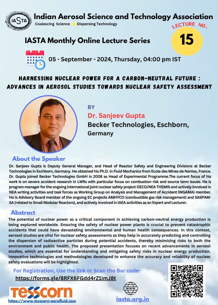 📣 Join us on 5th September, 4:00 p.m. IST for an enlightening session with Dr.Sanjeev Gupta.

🔗Register Here : lnkd.in/dbC-aNQn

🔍Title: Harnessing Nuclear Power for a Carbon-Neutral Future: Advances in Aerosol Studies towards Nuclear Safety Assessment