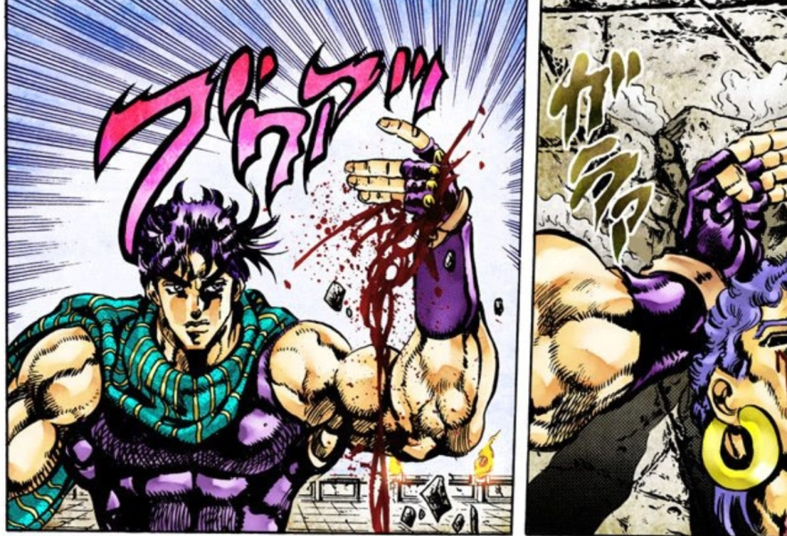 despite joseph being visibly injured, (even though he isn't consistently drawn with his wounds) joseph chooses to quite violently break his own hand to give wamuu his blood. bleeding so much from the hand, not to mention from a blunt injury, is honestly wild in of itself. and yet