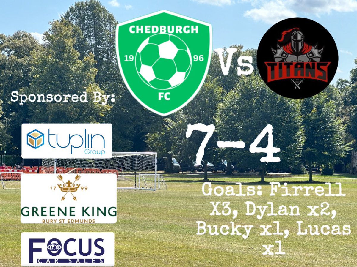 Chedburgh FC (@chedburghfc) on Twitter photo Very good win today against <a href="/burytitansfc/">Bury Titans FC</a> especially due to being light on numbers even starting the game with 10 but even so played our football and came out 7-4 winners
MOTM @will_firrell
Proudly sponsored by Tuplin group, @spreadeaglebse and Focus Car Sales
UTC Very good win today against <a href="/burytitansfc/">Bury Titans FC</a> especially due to being light on numbers even starting the game with 10 but even so played our football and came out 7-4 winners
MOTM @will_firrell
Proudly sponsored by Tuplin group, @spreadeaglebse and Focus Car Sales
UTC