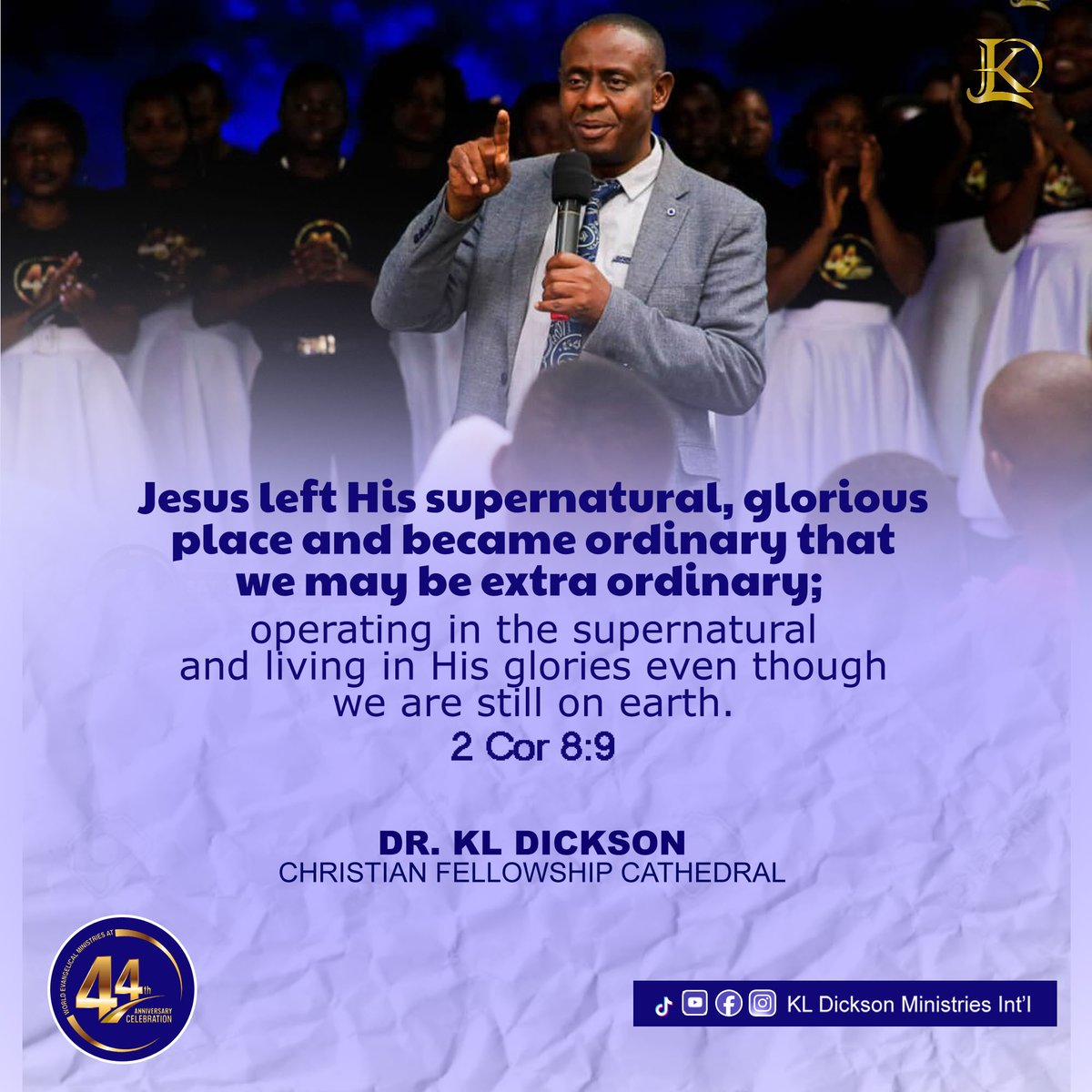 kl_dickson's tweet photo. Jesus left His supernatural, glorious place and became ordinary that we may be extra ordinary; operating in the supernatural and living in His glories even though we are still on earth.

Dr. KL Dickson 

#GodIsNotUnjustToForget
#SundayService 
#44YearsOfMinistry https://t.co/CoeXqTN7yW