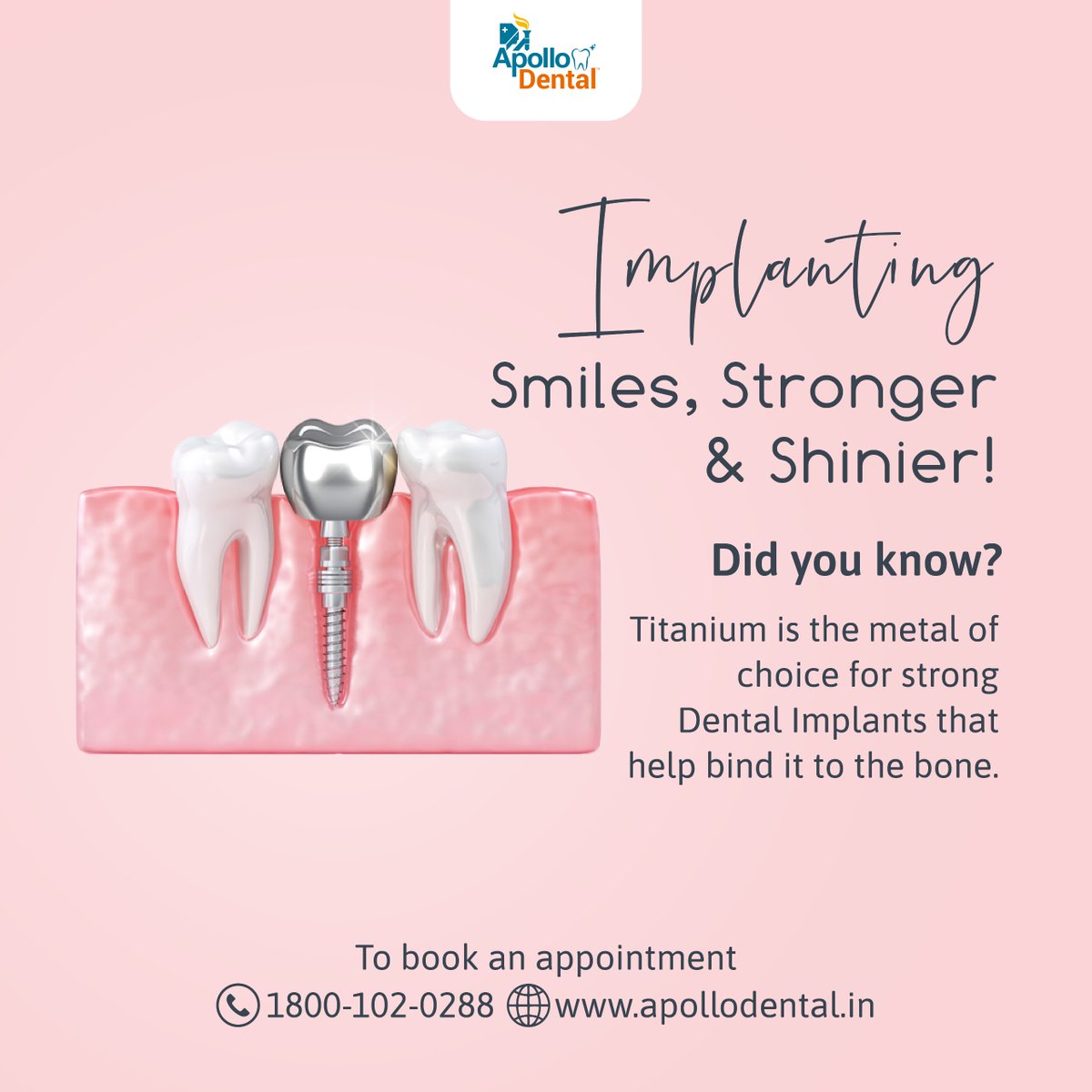 ApolloWhiteDen2's tweet image. We’ve got an interesting reason for you to opt for Dental Implants!
Know that Dental Implants can be as strong as natural teeth &amp;amp; can withstand the same amount of pressure. To book an appointment, call 1800-102-0288

#DentalImplants #StrongTeeth #HealthySmile #SmileConfidently