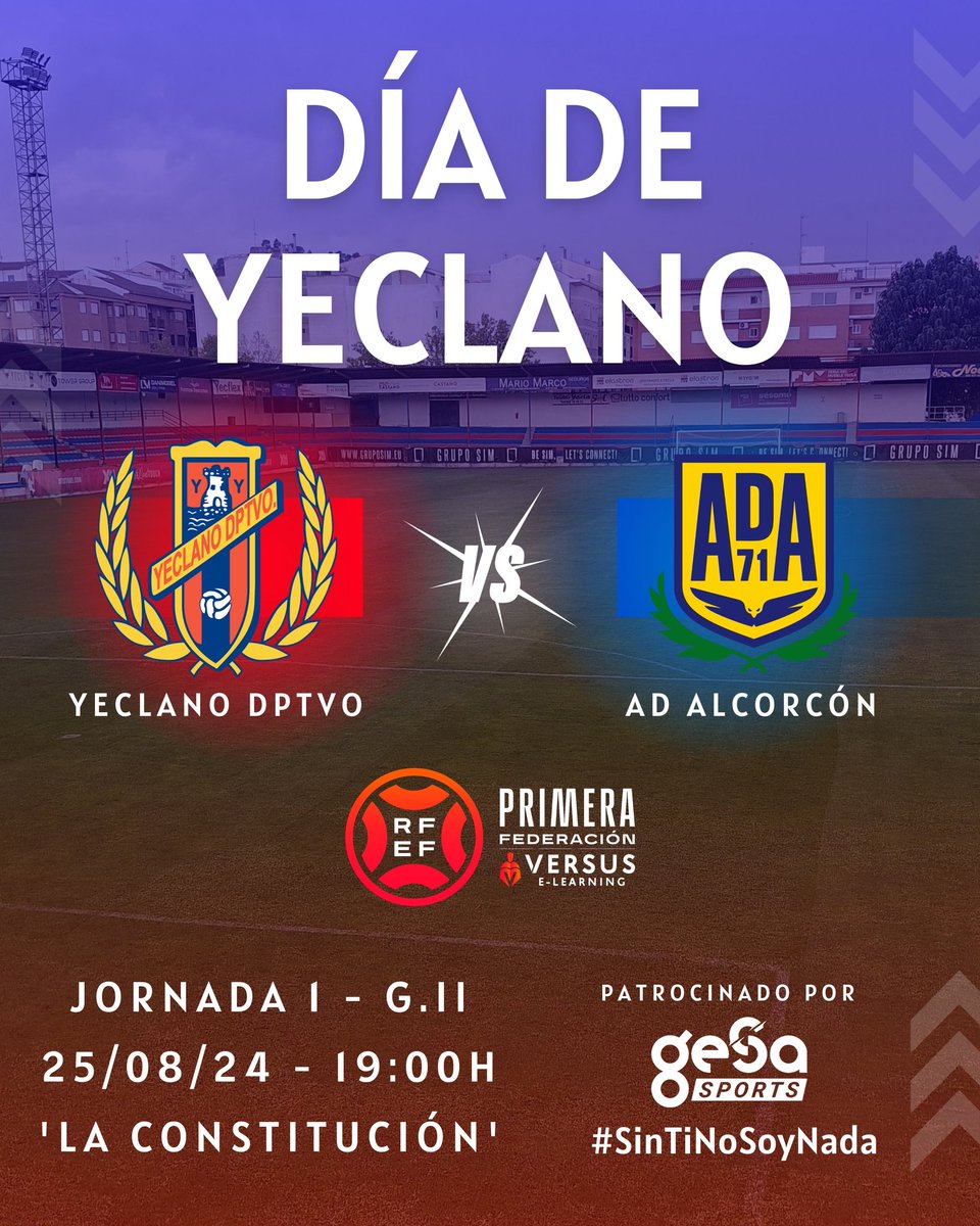 💙 #DíaDeYeclano ❤

⚽️📢 Ya ha llegado la fecha esperada... ¡Hoy DEBUTAMOS en <a href="/Primera_RFEF/">Primera Federación Versus e-Learning</a> en nuestro templo 🆚️ <a href="/AD_Alcorcon/">A.D. Alcorcón</a>, recién descendido de <a href="/LaLiga2/">LALIGA HYPERMOTION</a>! 🔛🔥 

<a href="/fef_tv/">FEF_TV</a> 📺
<a href="/GesaSports/">Gesa Sports</a> 🤝
#PrimeraRFEF 📊
#GraciasAfición 🤗
#YeclanoAlcorcón ⚔️
#SinTiNoSoyNada 🔵🔴