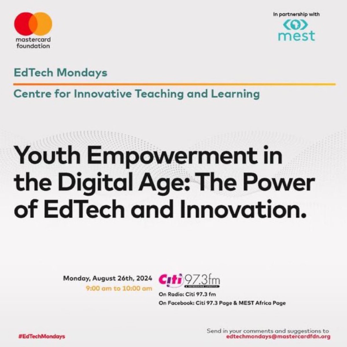 abena_mooley's tweet image. Use this opportunity to discover the impact @MESTAfrica is having on us as young entrepreneurs. 

Tune in to Citi FM tomorrow morning at 9 AM #EdTechMondays

Use this link to join the whatsapp community whatsapp.com/channel/0029Va…