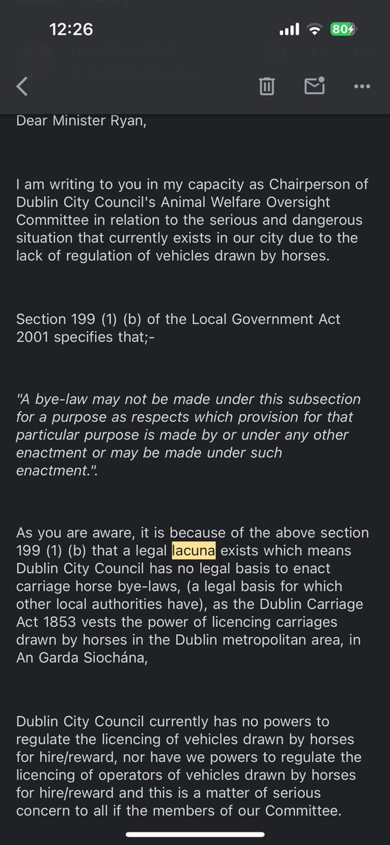 It’s <a href="/EamonRyan/">Eamon Ryan</a>’s Dept of Transport that needs to amend the law to enable <a href="/DubCityCouncil/">Dublin City Council</a>’s #AnimalWelfareUnit deal with #horsedrawncarriages in our city; I’ve been calling for this change for  years