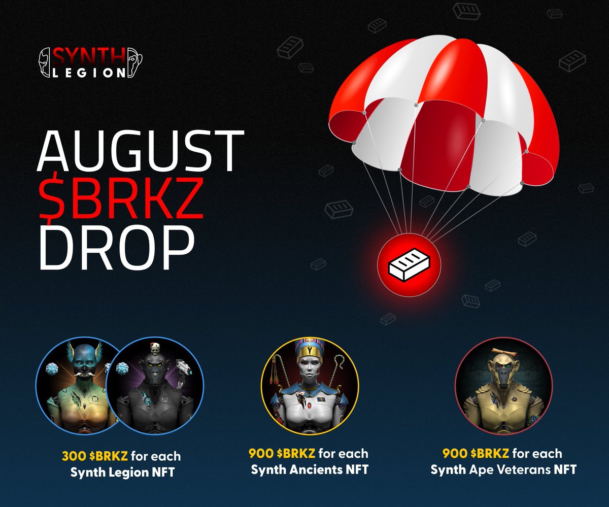 #MultiversX #MultiversXNFTs 

📣 Legion, our August $BRKZ 🧱 Airdrop will take place between, Aug 26th - 27th, at a random time ⚡️

Only non-listed NFTs will be taken into account!

Make sure to delist your Legion, Ancients and Veterans NFTs to maximize your 🧱 drop amount!