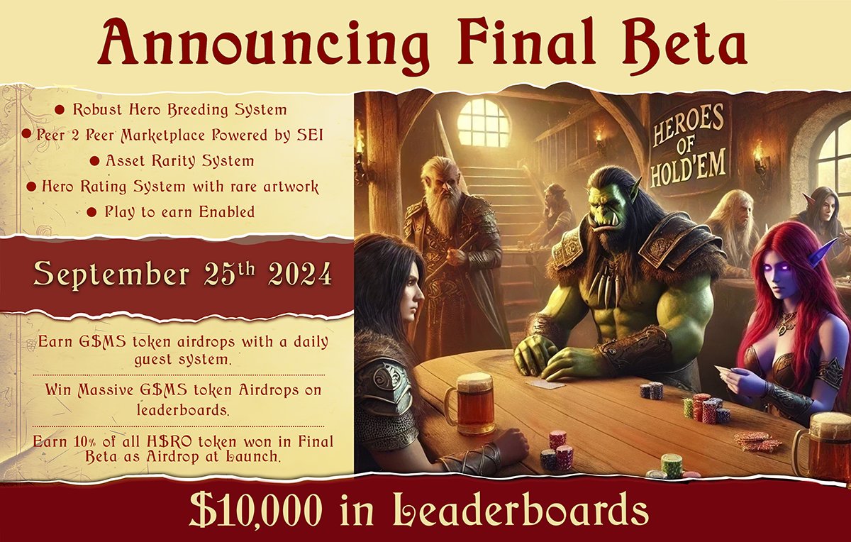 HeroesofHoldem_'s tweet photo. **The time has come! It’s official!**

- We have partnered with SEI as our blockchain and are in the final steps with several major launchpads and exchanges.
- **Final Beta** is upon us and will be the biggest content upgrade to *Heroes of Holdem* to date.

**Key Features in the Final Beta:**

- **Robust Breeding System:** Create new and more powerful Heroes.
- **Asset Rarity System:** 
  - More powerful abilities, equipment, and Minions are high rarity and harder to acquire, making them more valuable.
  - Tiers include Rare, Epic, and Legendary.
  - Purchase Rare, Epic, and Legendary Chests, which offer a greater percentage chance of containing assets of the corresponding rarity.
- **Peer-to-Peer Marketplace:** 
  - Buy and sell your Heroes, Abilities, Equipment, Minions, and even GEMS with other players directly.
  - Transactions can be made using either GEMS or the SEI token, providing full Web 2.5 integration.

**Final Beta Details:**

- Final Beta will last until the end of Q4, during which we will gather data on Recruitment (breeding) and the economy as a whole.
- The data will help us make proper adjustments for Q1's full Web 3 launch, where all your assets will be NFTs.
- At the end of Final Beta, there will be another wipe. However, all your assets will be converted to a market value in GEMS and added to any GEMS balance you have.
- The total GEMS will be airdropped to your registered wallet before the Web 3 launch.
- Final Beta is a fully play-to-earn model where everything you do is converted to the live game.
- Additionally, 10% of all H$RO tokens you earn in Final Beta will also be airdropped to your registered wallet.
- **Special Promotion:** 
  - Recruitment prices are dramatically reduced during this period to encourage players to explore the system fully.

**Let’s go!**