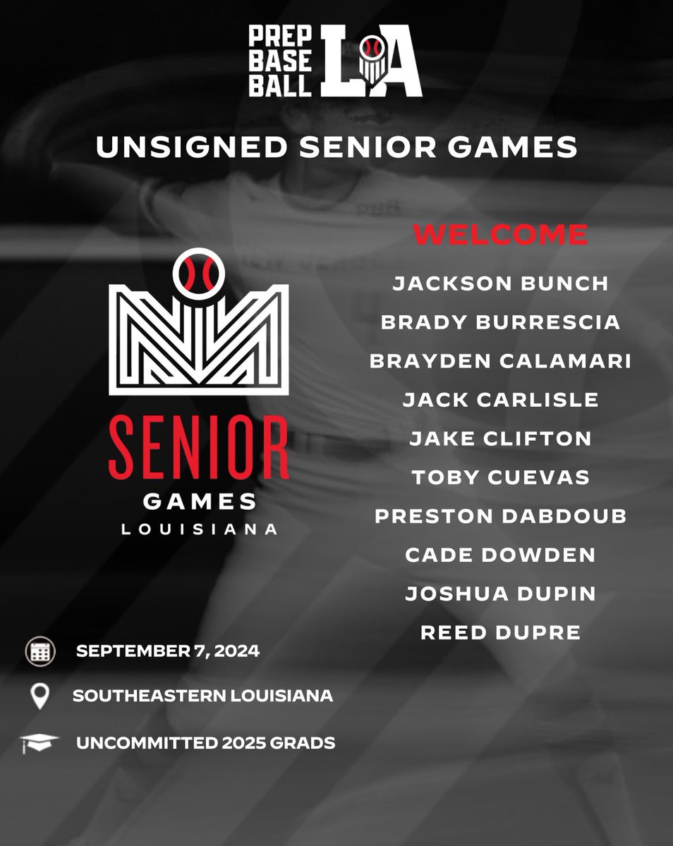 Prep Baseball Louisiana (@prepbaseballla) on Twitter photo 👋 𝐋𝐀 𝐒𝐞𝐧𝐢𝐨𝐫 𝐆𝐚𝐦𝐞𝐬
We’d like to welcome the following players to our #LASeniorGames24 on 09/07/24 at <a href="/LionUpBaseball/">Southeastern Baseball</a>. Event info with complete roster & more below 👇. #BeSeen
<a href="/AlexArmandPBR/">Alex Armand</a>
🔗 loom.ly/vfgJMQs 👋 𝐋𝐀 𝐒𝐞𝐧𝐢𝐨𝐫 𝐆𝐚𝐦𝐞𝐬
We’d like to welcome the following players to our #LASeniorGames24 on 09/07/24 at <a href="/LionUpBaseball/">Southeastern Baseball</a>. Event info with complete roster & more below 👇. #BeSeen
<a href="/AlexArmandPBR/">Alex Armand</a>
🔗 loom.ly/vfgJMQs