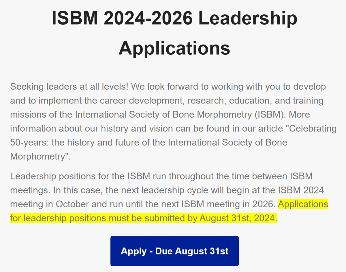 International Society of Bone Morphometry (ISBM) (@isbm_society) on Twitter photo ➡️Seeking leaders at all levels! We welcome you to join our <a href="/ISBM_society/">International Society of Bone Morphometry (ISBM)</a> leadership team for 2024-2026. Applications due 8/31. bonemorphometry.org/leadership/ ➡️Seeking leaders at all levels! We welcome you to join our <a href="/ISBM_society/">International Society of Bone Morphometry (ISBM)</a> leadership team for 2024-2026. Applications due 8/31. bonemorphometry.org/leadership/