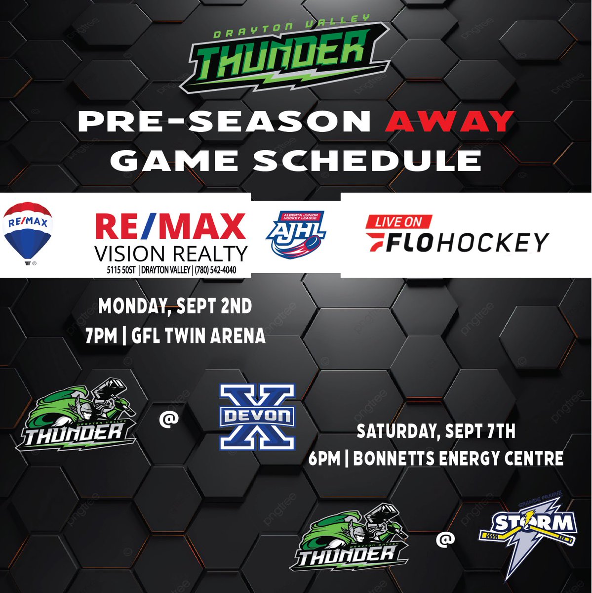 The Thunder’s Pre-Season starts in 5 days with back to back home games against the <a href="/mobhockey/">McMurray Oil Barons</a>.

Friday, August 30th at 7pm and Saturday, August 31st at 6pm.

Tickets are all $5.00
The concession and Thunder Bar will be open. 

For online tickets visit 👇🏻
showpass.com/o/drayton-vall…