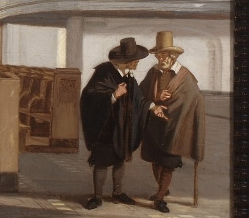 Bijzonder: in een boedelinventaris uit 1671 <a href="/stadsarchief/">Stadsarchief Amsterdam</a> een notitie van verkochte kleding (met als duurste item een mantel voor 50 gulden). Rechts detail van: Emanuel de Witte - Interieur van de Oude Kerk te Amsterdam 1659