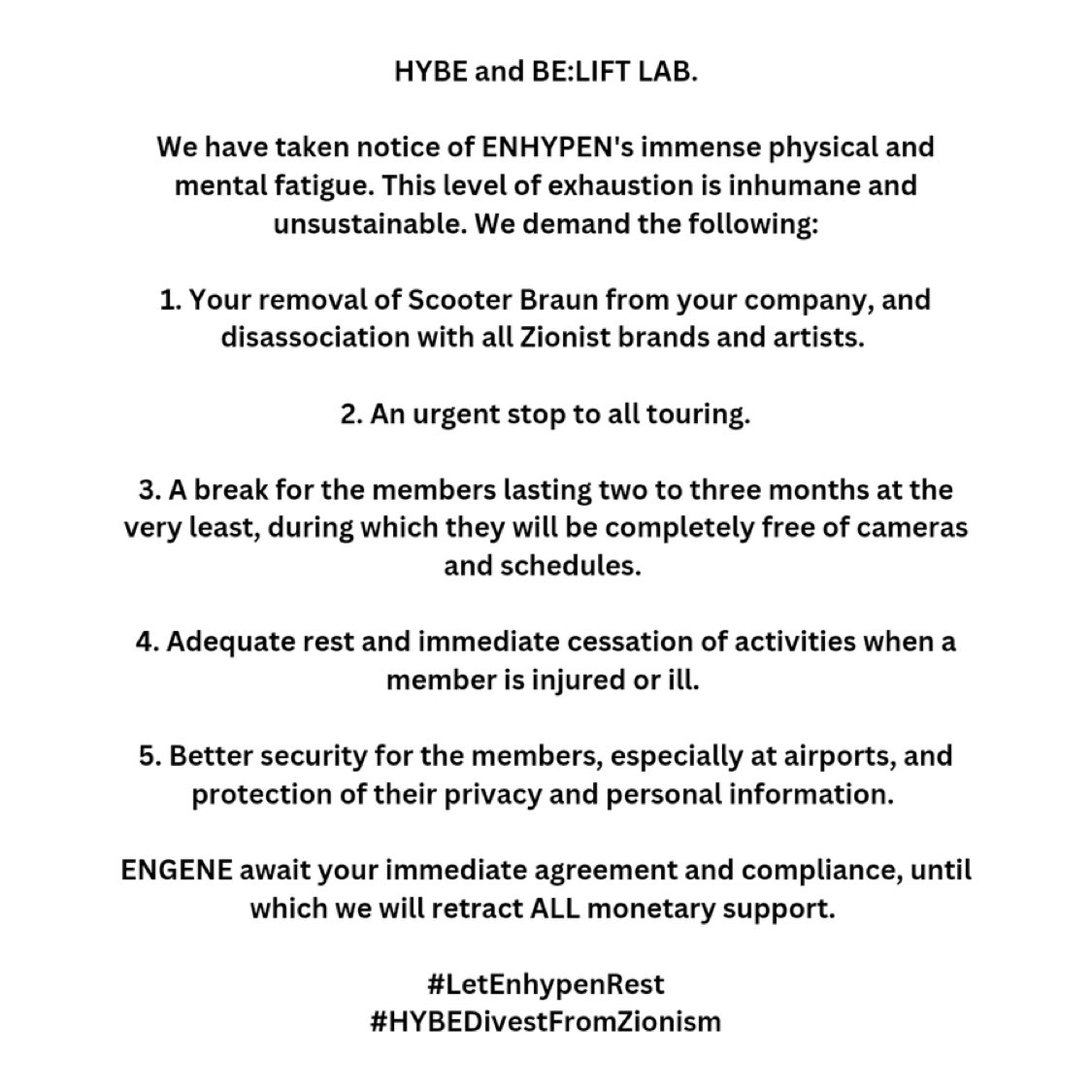 lokamerta's tweet photo. #LetEnhypenRest
#HYBEDivestFromZionism https://t.co/mUWum9KMRO