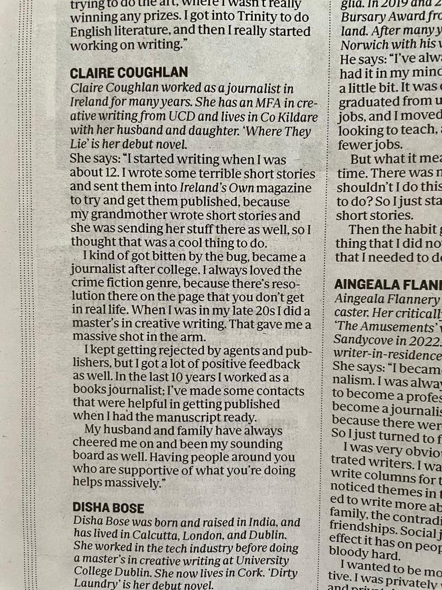 Claire_Coughlan's tweet photo. To say I'm thrilled to be in ‘New Voices: 20 Best New Irish Writers' is a wild understatement! Thanks to @AnPostIBAS , as well as @liadanhynes @TheSundayIndo for the lovely write up and @gerrymooneydub for the great photo #WhereTheyLie https://t.co/Nosd0lfeLl https://t.co/aP5QCo6awy