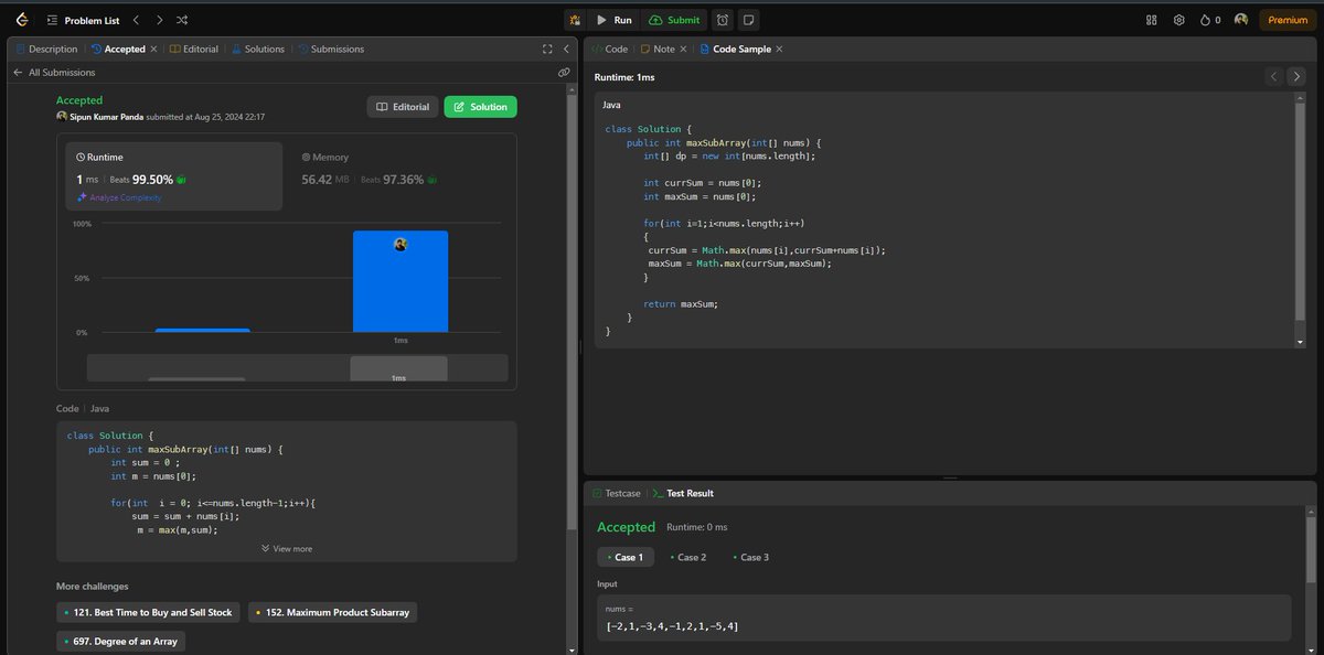 sipun_pnd's tweet image. #DSA - Learned Kadane's method today to find the largest sum of a subarray. Found it very easy and mind-blowing! #KadanesAlgorithm #Subarray #ProblemSolving
@leetcode
@kunalstwt