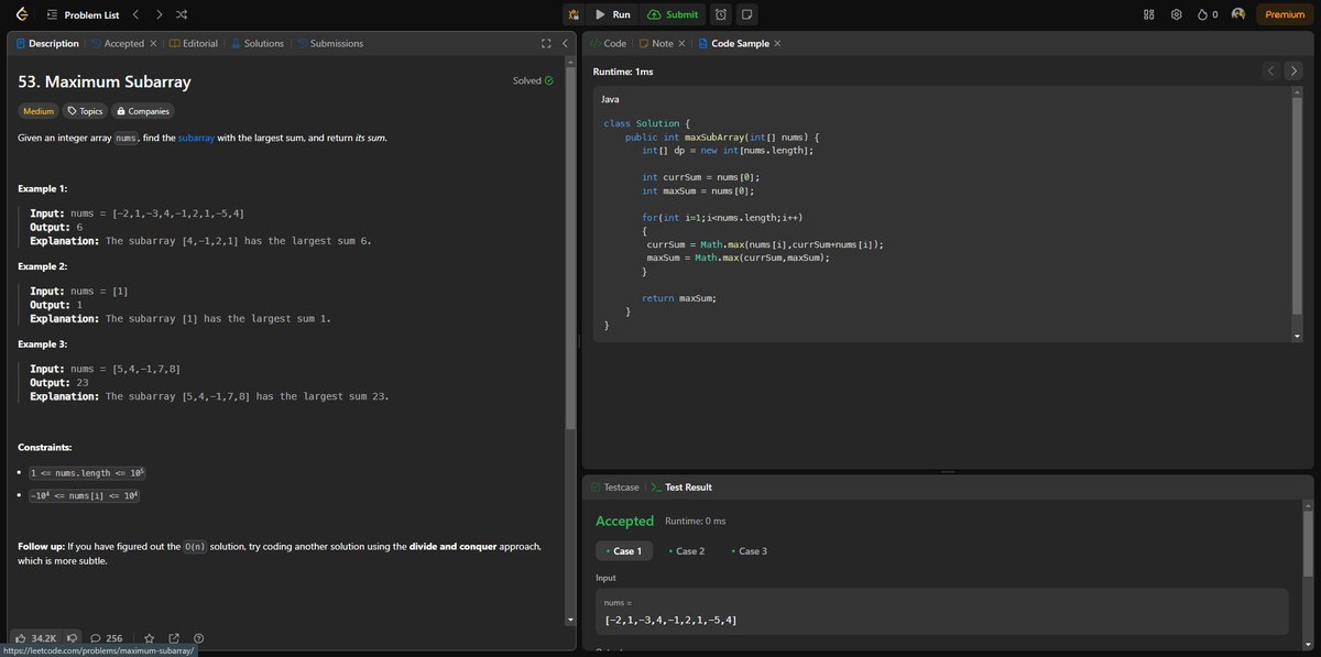 sipun_pnd's tweet image. #DSA - Learned Kadane's method today to find the largest sum of a subarray. Found it very easy and mind-blowing! #KadanesAlgorithm #Subarray #ProblemSolving
@leetcode
@kunalstwt