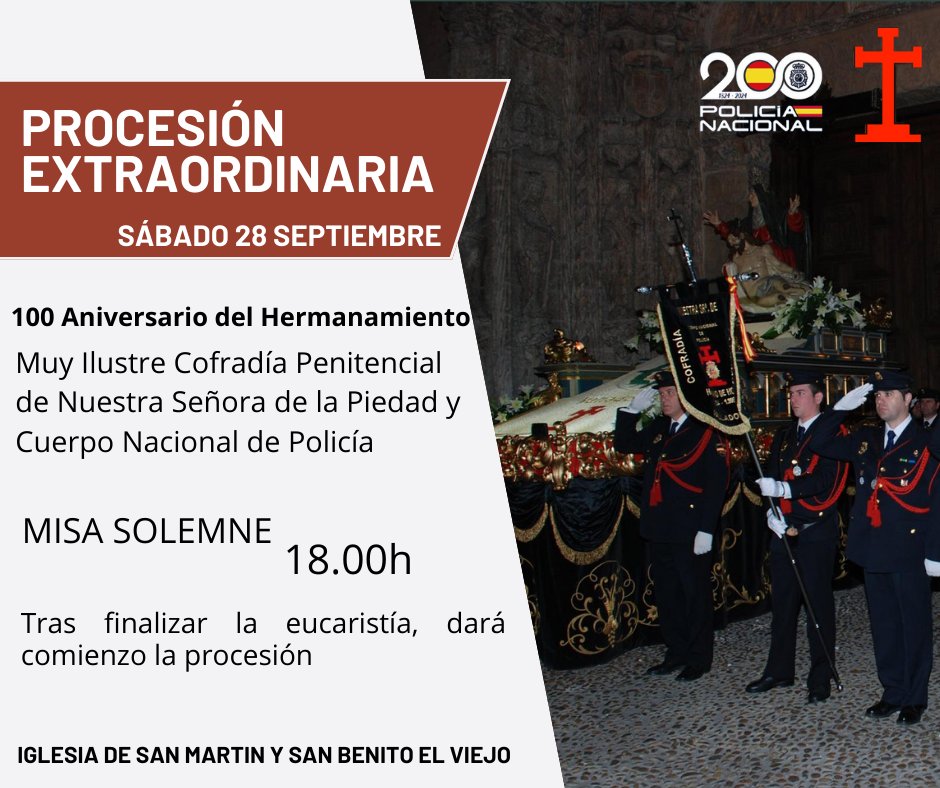 PiedadVLL's tweet photo. 200 años de servicio, 100 años de Piedad

Solemne Misa y procesión con motivo del 100 aniversario del Hermanamiento de la Muy Ilustre Cofradía Penitencial de Nuestra Señora de la Piedad y el Cuerpo Nacional de Policía. 

Fecha 28 de septiembre 2024 

🖤❤️🖤 https://t.co/8A9z4KEaZK