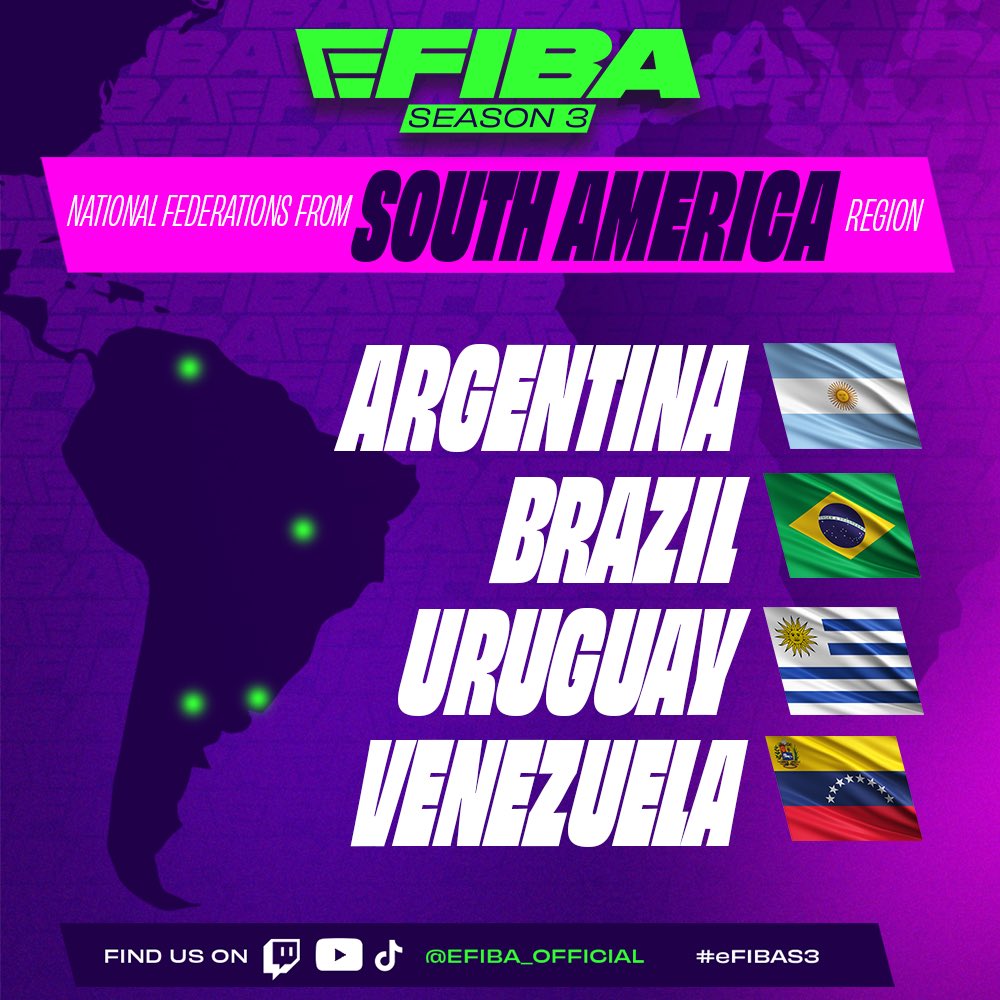 🌏🏀South America Teams Are Ready! 🏀🌏

These nations from South America will be stepping on the e-floor for eFIBA Season 3! 🌟

Who will win the competition and claim victory in their region? eFIBA Season 3 starts on October 1st! Be Ready!

#eFIBAS3 #Basketball #eFIBA #FIBA