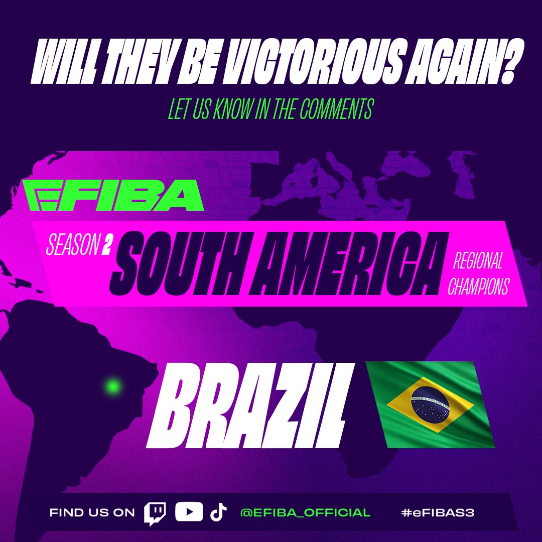 Regional Winners of South America! 🌏🏆

They conquered the competition last season, who’s ready to challenge them in eFIBA Season 3?

Can they defend their title, or will a new champion rise?

#eFIBAS3 #Basketball #eFIBA #FIBA