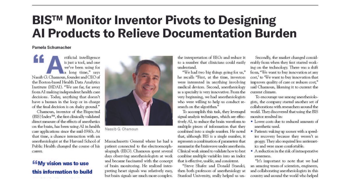 ASALifeline's tweet image. Nassib Chamoun, inventor of the BIS monitor, reflects on bringing the monitor to market and shares his newest project, designed to reduce the EHR administrative burden for physicians. 

🔸ow.ly/7mUi50SNEUt
#ArtificialInteligence #DocumentationBurden