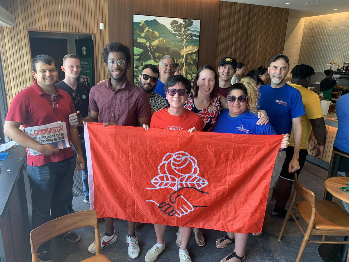 CT DSA is so proud to celebrate the 12-0 victory of Starbucks Workers United in Hamden, the newest union coffee shop in CT! 💪

We’re joined by our comrades in CT Drivers United; and fresh off her primary election VICTORY, Laurie Sweet, CT DSA’s State Representative-elect 🌹