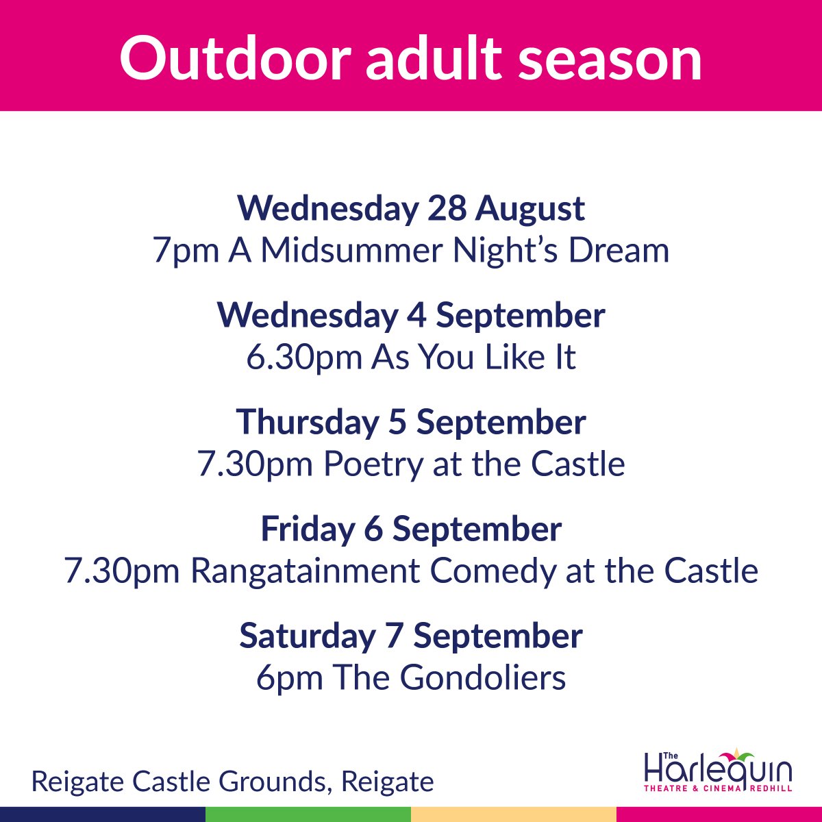 Join us on August 28th 7 pm for Shakespeare's A Midsummer Night's Dream 🎭

Reigate Castle Grounds will play host to an evening of summer theatre for you to enjoy ☀️🍷

Tickets are available from our website: harlequintheatre.co.uk/events/a-midsu…

#Shakespeare #AMidsummerNightsDream