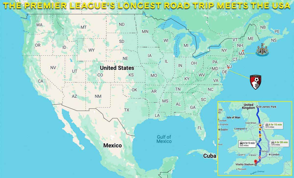 Newcastle to Bournemouth is the Premier League's longest road trip. 🗺️

A 700-mile round journey, the two stadiums are roughly as far apart as Boston &amp; Atlantic City—here is how the interval looks on a map of the USA 😯