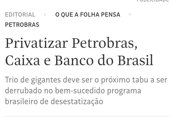 RicardoCappelli's tweet photo. Querem fazer o que nem a Ditadura teve coragem. Destruir de vez o patrimônio nacional e a capacidade do Brasil construir seu próprio destino. Querem um país dirigido pelo rentismo parasitário. A Folha se rendeu à extrema direita neoliberal, rasgou sua história. Tempos sombrios. https://t.co/1e1EjnzZRF