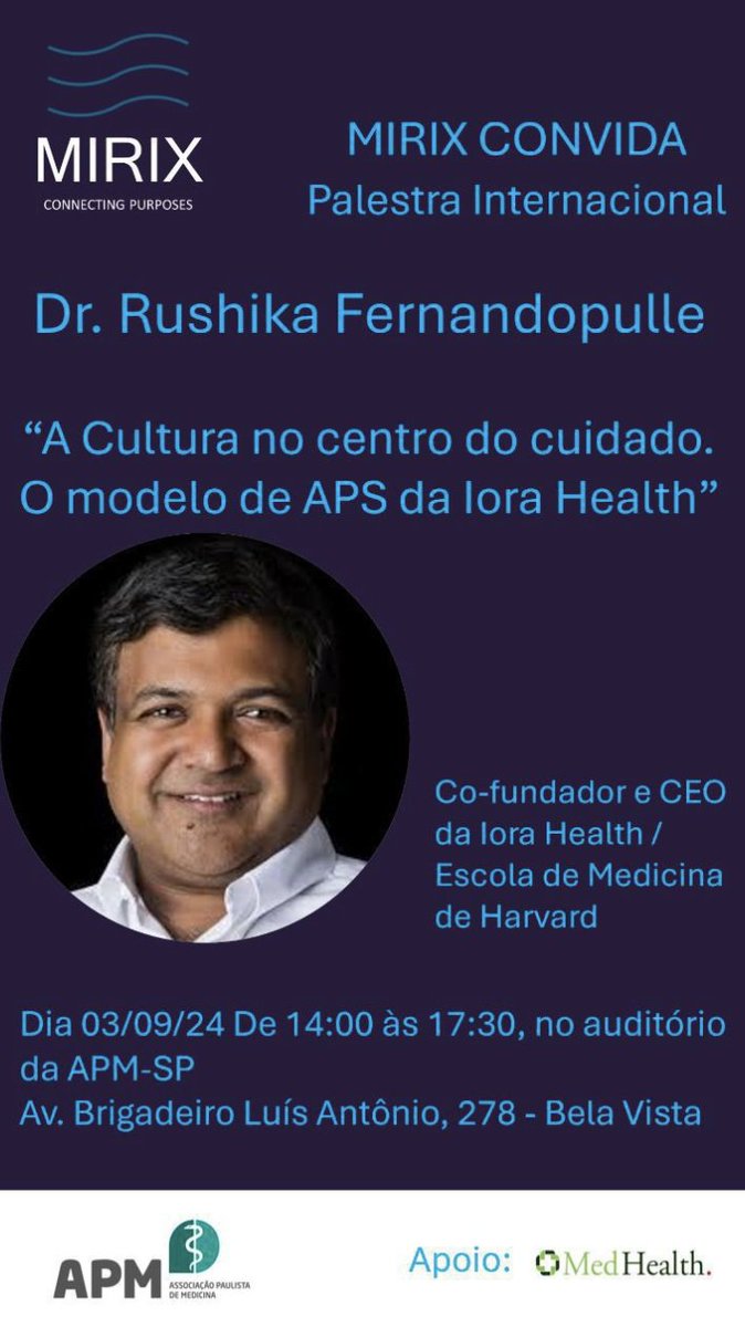 ”Como a Iora Health criou um Unicórnio Especializado em Atenção Primária à Saúde" Dr. Rushika Fernandopulle, Fundador Iora Health (03/Set,14-17hs, APM-SP)✨

Seja Membro✨HIHUB.TECH🌎Líderes Inovadores♾️Saúde🧬
startupsaude.com/como-a-iora-he…