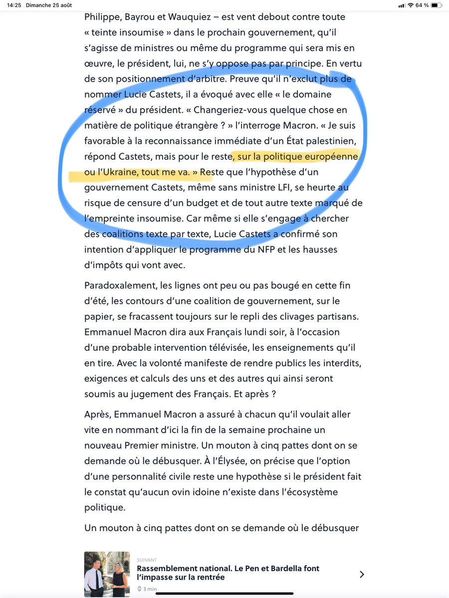 jmaphatie's tweet photo. J’ai été un peu secoué ce matin en lisant dans @leJDD le compte-rendu de la rencontre entre @CastetsLucie et @EmmanuelMacron , vendredi à l’Elysée. 

Le président l’interroge sur la politique étrangère. Et dans sa réponse, la pressentie première ministre de la gauche unie indique ceci :  « Sur l’Europe et sur l’Ukraine, tout me va. ». Ce « tout me va » est stupéfiant. Il établit que Lucie Castets n’a pas lu le programme du #NouveauFrontPopulaire qu’elle est censée appliquer si elle est un jour nommée à @Matignon Ou bien que tout le monde s’en fout du programme, qu’il est juste là pour amuser la galerie. 

Quoiqu’il en soit, il est écrit ceci dans ce fameux programme de la gauche : « Refuser le pacte de stabilité budgétaire ». C’est très loin de : « Tout me va ». 

À la fin du mois de septembre, la France doit présenter à la @UEFrance un document établissant la trajectoire budgétaire pour les prochaines années. Si elle respecte le « pacte », elle devra réduire de manière significative son déficit annuel pour baisser à;terme son endettement colossal. Si elle le « refuse », alors les déficits demeureront importants et la dette s’alourdira. Ce n’est pas la même chose. 

À part ça, « tout me va ». 

Voilà déjà plusieurs semaines que je mentionne ce point dont visiblement tout le monde se moque. Le programme du NFP a été écrit à la vite. Dépensier, saugrenu, irréaliste, il n’était pas fait pour être appliqué. La nullité macroniste conjuguée à la nullité du @RNational_off de @MLP_officiel et de @J_Bardella a modifié les perspectives. D’où la promotion de Lucie Castets qui n’avait jamais songé diriger un jour le gouvernement de la France. D’où probablement sa méconnaissance du programme qu’elle est censée défendre. 

« Ça me va » est un propos qui pèse son poids d’inconséquence. Il y  avait à ses côtés vendredi @faureolivier @mbompard @marinetondelier @Fabien_Roussel Personne n’a objecté. Parce que personne n’est sincère. 

« Ça me va ». En fait non. Rien ne va parce que rien n’est sérieux dans cette affaire. 

Etonnant, non ?