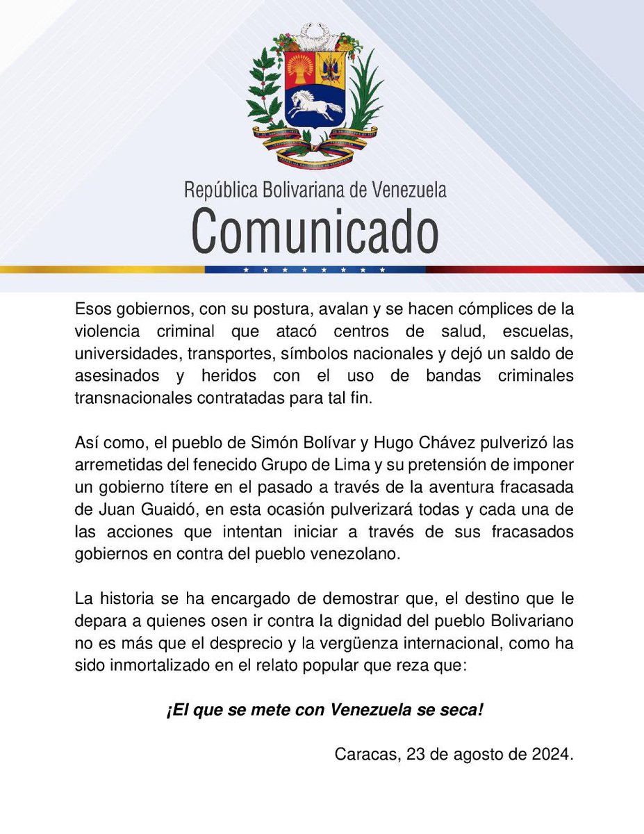#Comunicado 📢  Venezuela rechaza, en los términos más enérgicos, el grosero e insolente comunicado de los gobiernos de Argentina, Costa Rica, Chile, Ecuador, EEUU, Guatemala, Panamá, Paraguay, Perú, RD y Uruguay, quienes, emulando el nefasto, fracasado y derrotado Grupo de Lima