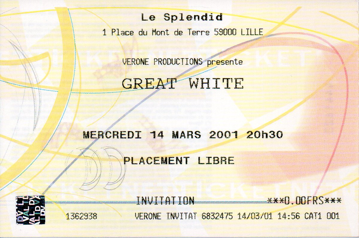 Marc_Genge's tweet photo. Ticket du concert de GREAT WHITE au Splendide à LILLE le 14 mars 2001 dans le nord de France ( J’étais à l’époque responsable du rayon Hard Rock à Planet Saturn de Lille d’où « l’invitation »).
CE CONCERT…QUE DU BONHEUR, QUE DU BOHNEUR, QUE DU BONHEUR… https://t.co/0j8qXnF0Pp
