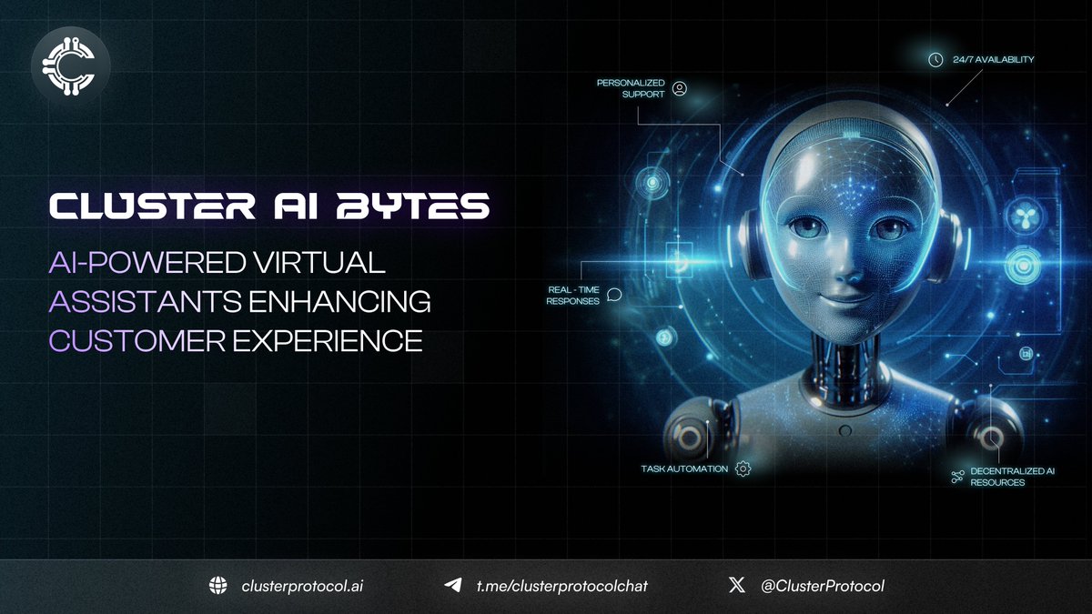 ClusterProtocol's tweet photo. AI-powered virtual assistants are transforming customer experiences like never before! 🤯💡

By leveraging Natural Language Processing and Machine Learning, these assistants provide real-time, personalized support, understanding customer needs and preferences seamlessly. 🤖

Imagine getting instant, accurate responses without waiting in long queues - thanks to virtual assistants, this is the new normal. Available 24/7, they not only reduce wait times but also improve engagement by offering tailored solutions.

But there's more! ⬇️

⚙️ By automating routine tasks and integrating with other systems, they free up human agents 🧑‍💻 to tackle more complex issues, boosting overall efficiency.

And with the Cluster Protocol, the game changes further.

By enabling decentralized AI resources, developers can create even more advanced virtual assistants, driving innovation and efficiency in customer service across various industries. 🤖🦾

The future of customer experience is here!