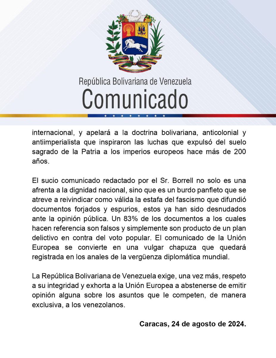 Venezuela repudia la declaración del HR de la UE, Josep Borrell, las cuales hunden nuevamente a ese bloque en el fango putrefacto, donde estuvieron por mucho tiempo cuando siguieron el estrafalario experimento fracasado de Juan Guaidó.
