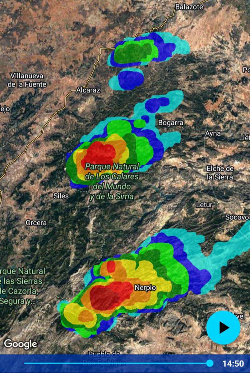📡⛈️RADAR 14:50H | Primeras tormentas de la tarde creciendo hacia la sierra, zonas de Riópar y Nerpio. #Albacete #meteoAB