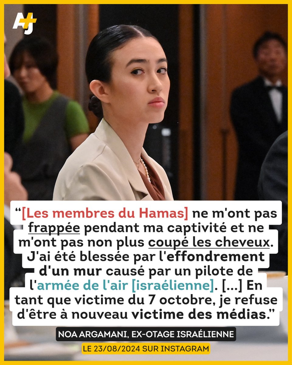 ajplusfrancais's tweet photo. “[Les membres du Hamas] ne m'ont pas frappée pendant ma captivité”. Contrairement à des déclarations rapportées par certains médias, notamment israéliens, l'ex-otage Noa Argamani, détenue à Gaza pendant 8 mois, a démenti sur son compte Instagram avoir été battue et tondue par le Hamas. Lors de sa rencontre avec des diplomates du G7 à Tokyo mercredi, elle avait détaillé son calvaire durant sa captivité.