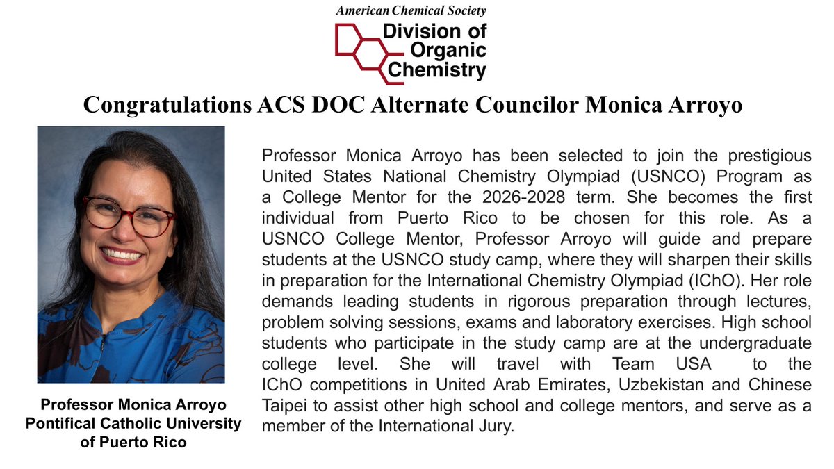 ACSorganic's tweet image. ACS ORGN Division Executive Committee (EC) Member Highlight: Congratulations to Monica Arroyo (@MonicaArroyoPhD) for being the first ACS ORGN Division EC member to be selected to join the prestigious USNCO program as a College Mentor! 
zurl.co/AYya