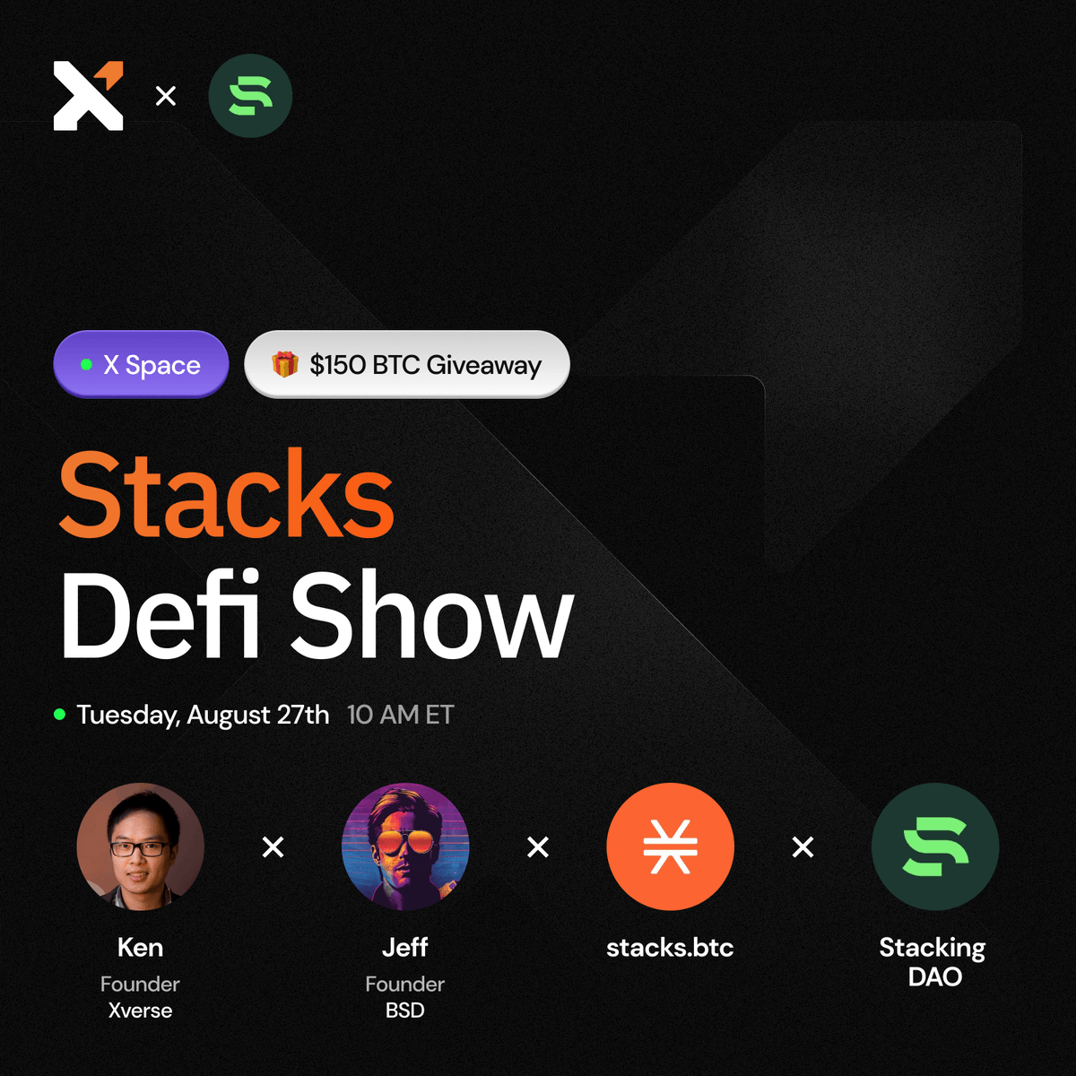 🎉 BTC GIVEAWAY 🎉

Xverse founder and CEO <a href="/YukanL/">kenliao.btc🍴</a> is joining the @stacks DeFi Show!

🎁 To celebrate, we're giving away $150 in BTC (3x $50)! 🎁

To enter:
1. Like &amp; retweet
2. Follow <a href="/XverseApp/">Xverse - The Home of BitcoinFi</a> &amp; <a href="/StackingDao/">Stacking DAO</a>

🕐 Winners announced in 48 hours!
x.com/i/spaces/1ZkJz…
