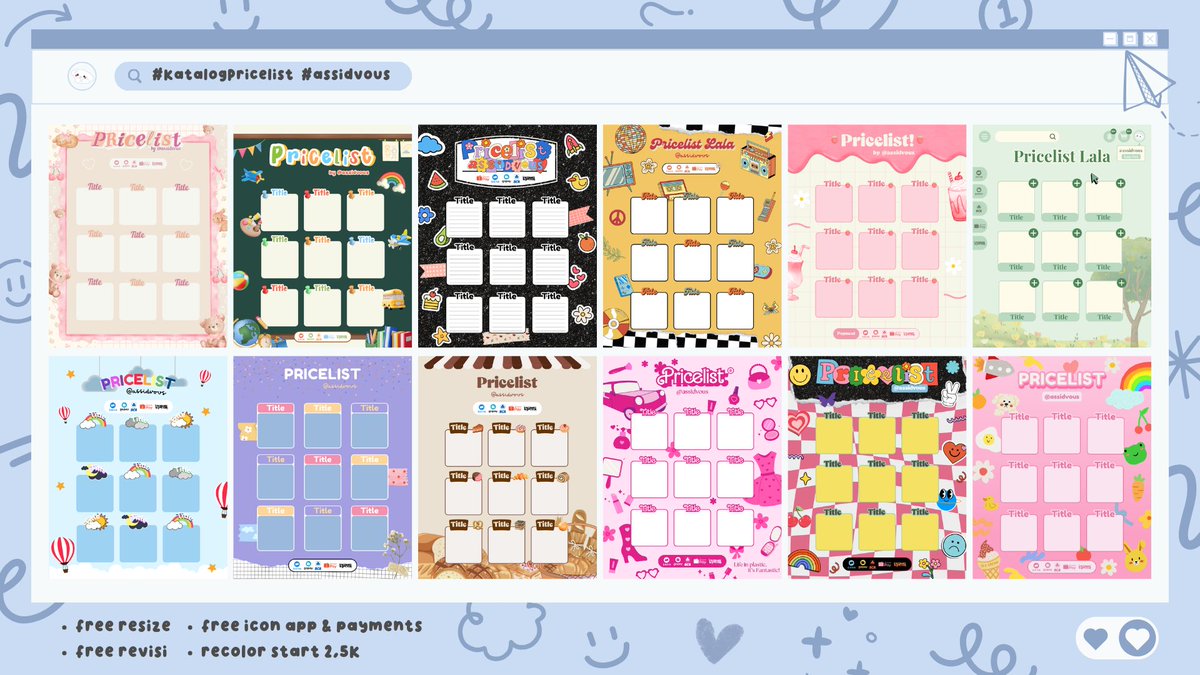 assidvous's tweet photo. [🚨] Yang butuh jasa edit/design, NGUMPUL YUK!

Aku open jasa edit PL pricelist, QR deco, template jadwal pelajaran (mapel, matkul), organigram, testi, dll.

🖼 KATALOG &amp; HARGA : https://t.co/4KYe4RuCy0
🎨 RESULTS : https://t.co/TdfyEmNHVl

#zonauang #zonaba https://t.co/BD8ExrHbCG