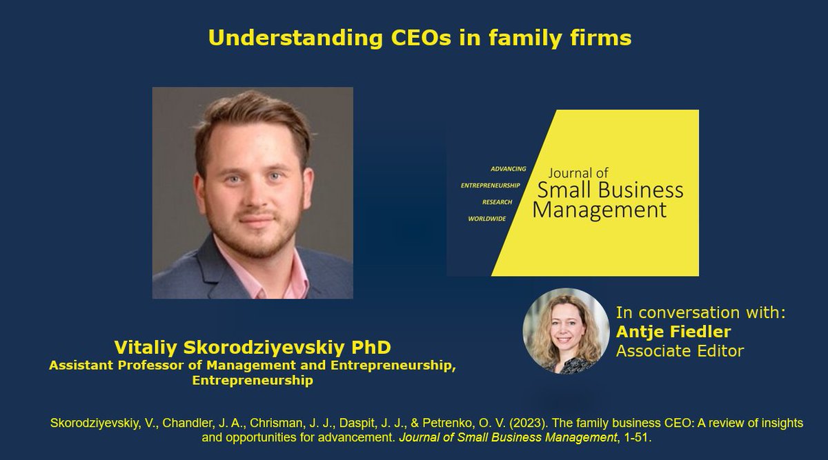 📢 Vitaliy Skorodziyevskiy reflects on the Understanding of CEOs in Family Firms in the Journal of Small Business Management, Taylor &amp; Francis Group 🚀

📽️ Watch the video [16:45 min] youtu.be/1s3puiLLDdI

📄 Find the article here: doi.org/10.1080/004727…